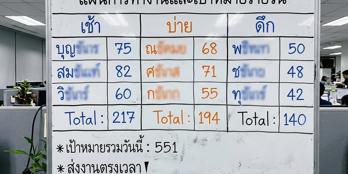 กระดานไวท์บอร์ดในสำนักงานเขียนตารางกะทำงานภาษาไทย เช้า บ่าย ดึก พร้อมตัวเลขเป้าหมายด้วยปากกาสีน้ำเงินและส้ม